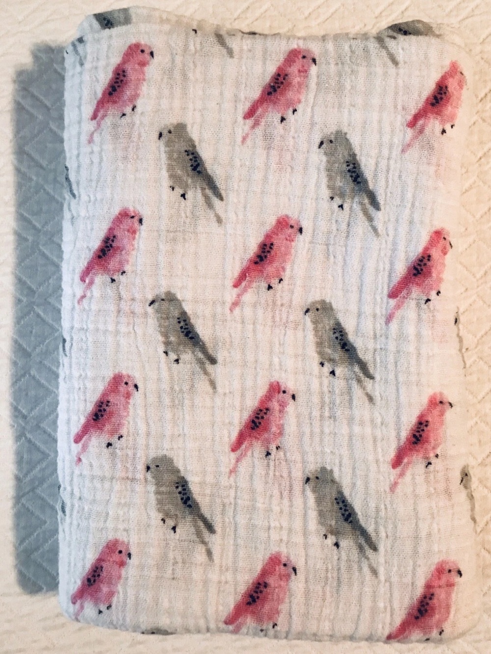 aden + anais Muslin Swaddle with Pink and Gray Bird/Parrot Print